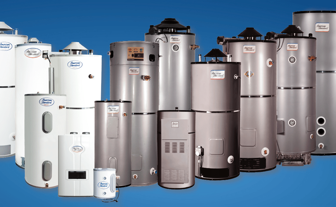 A lineup of various models of American standard water heaters on a blue backdrop