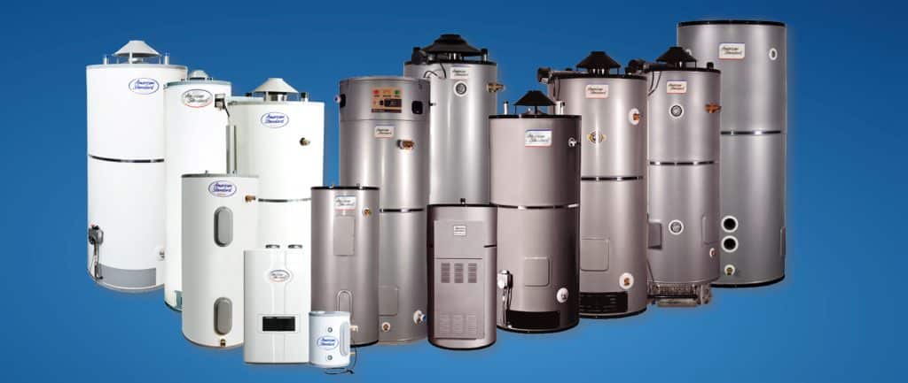 Lineup of American Standard water heater models on a blue background