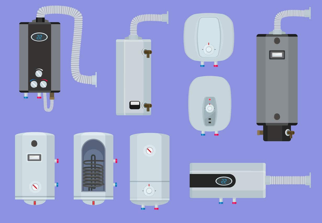 Illustration of various water heater types on a purple background