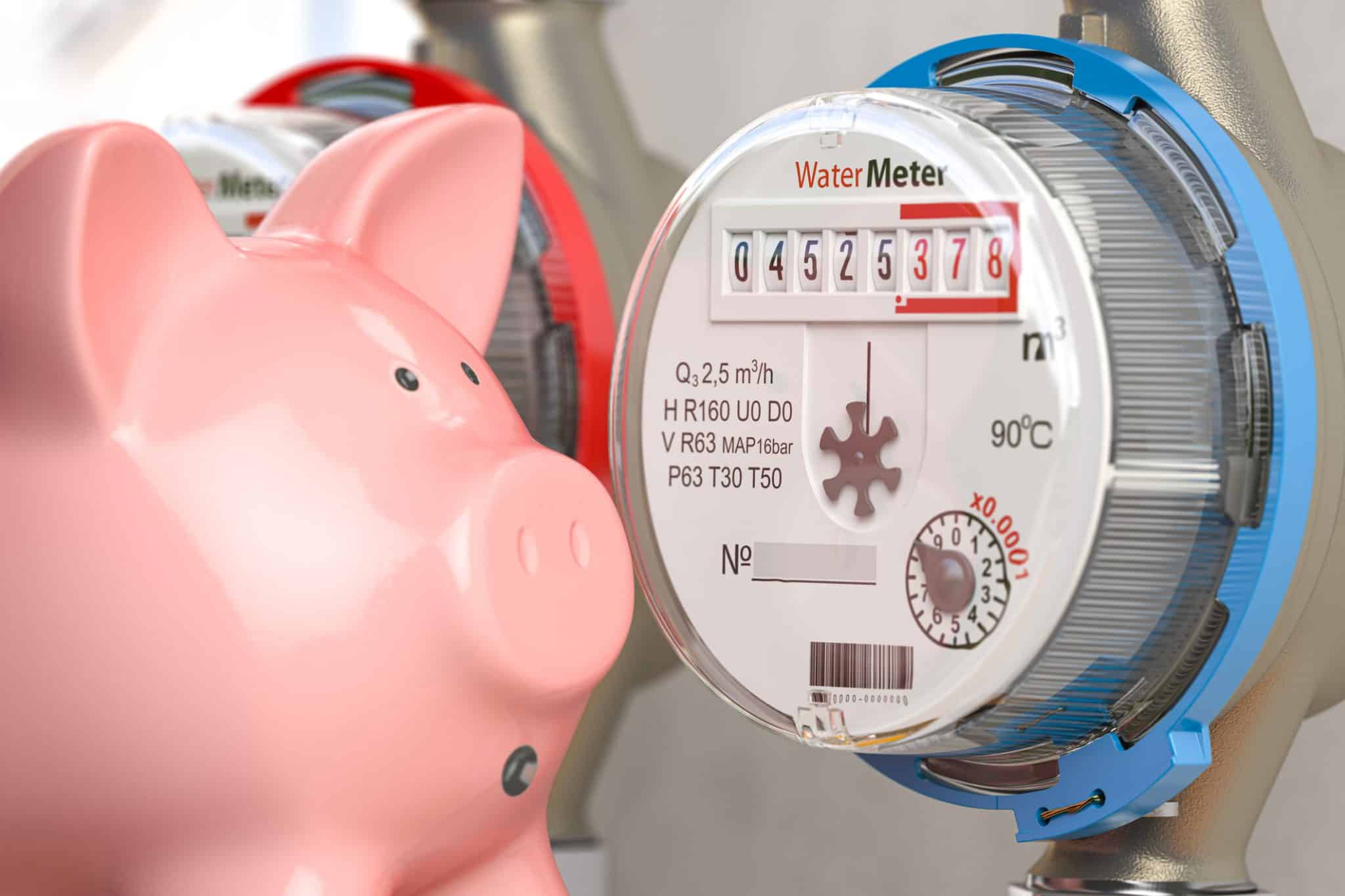 Piggybank with shocked expression staring at the water meter that is causing high bill from hidden plumbing leaks.