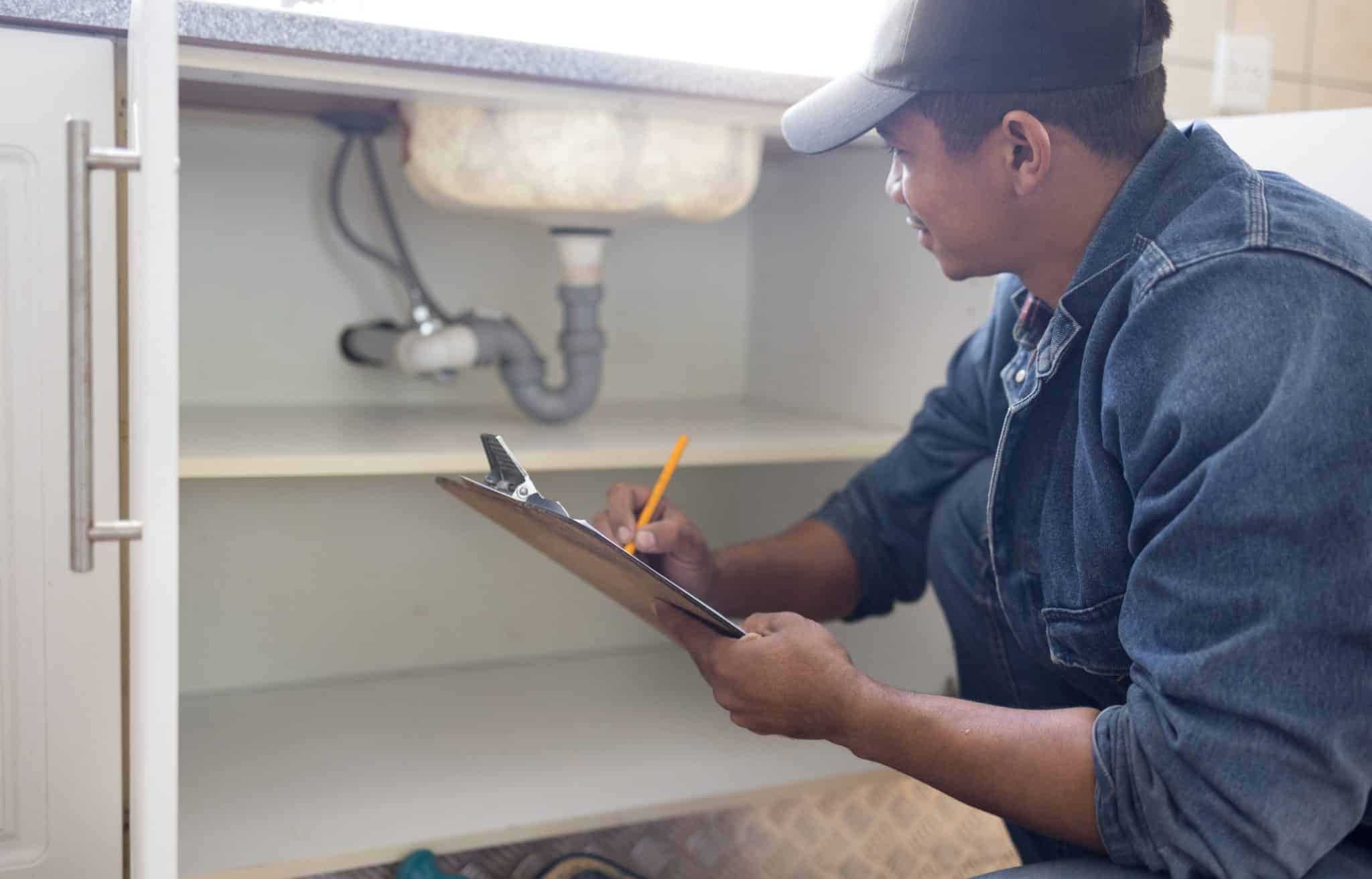Plumber checking older San Francisco home with plumbing checklist to avoid costly repairs for the homeowner.