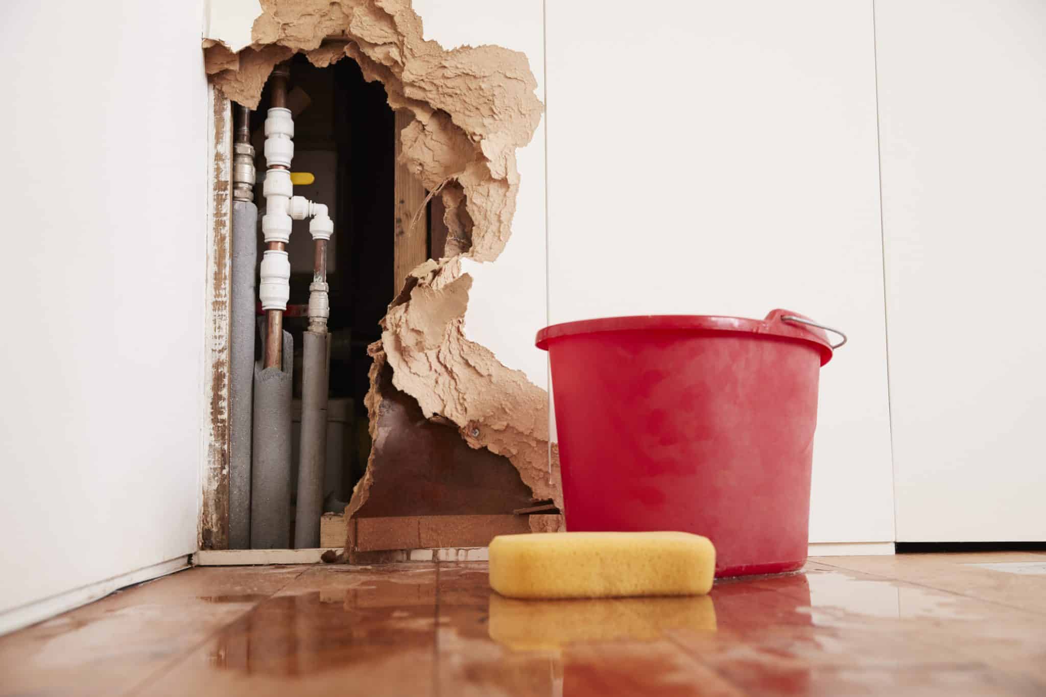 Burst pipe in home wall leaking water into bucket — act fast to prevent serious water damage.