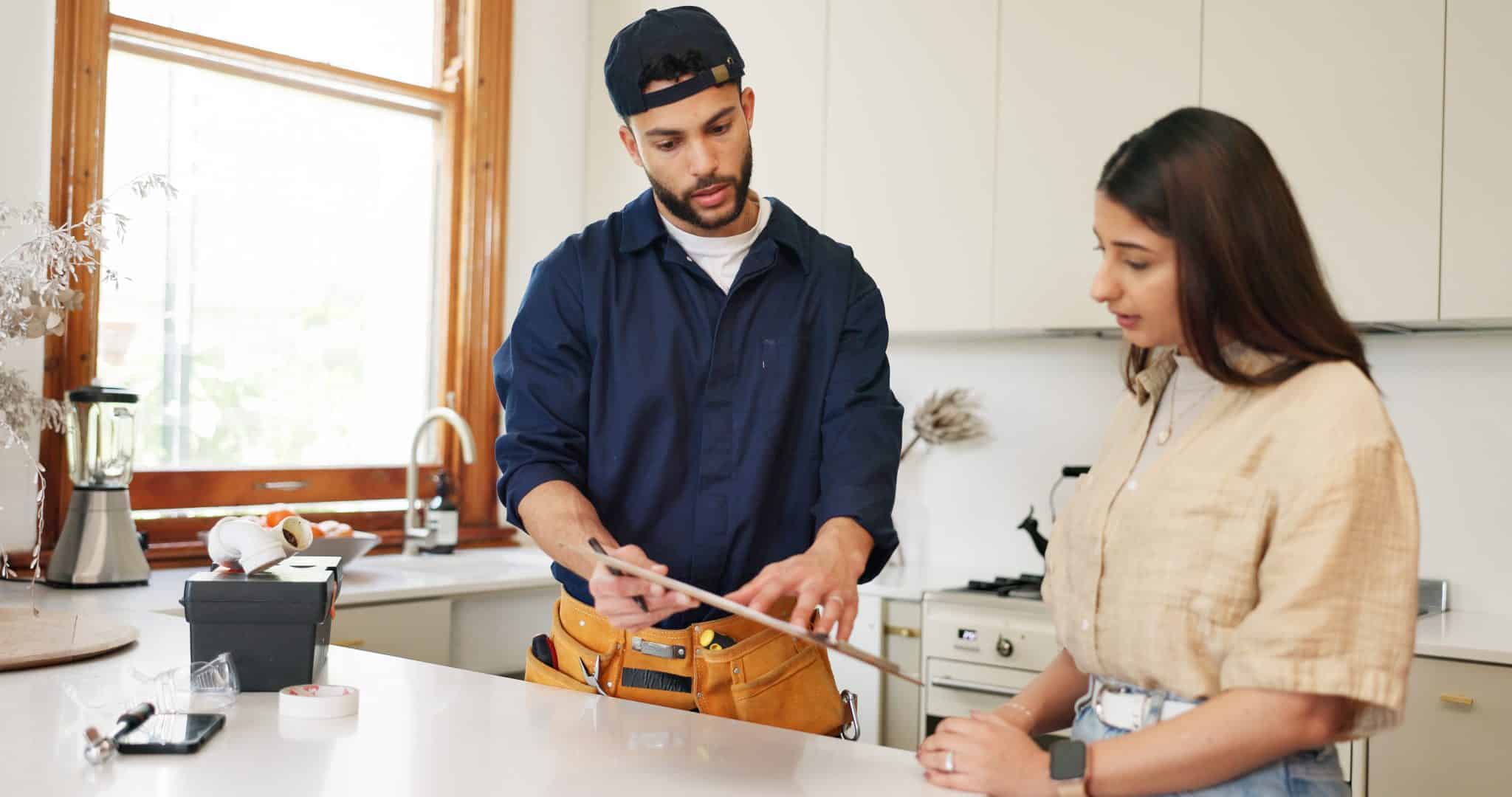 Woman hiring a licensed plumbing contractor in San Francisco rather than calling an unlicensed handyman.